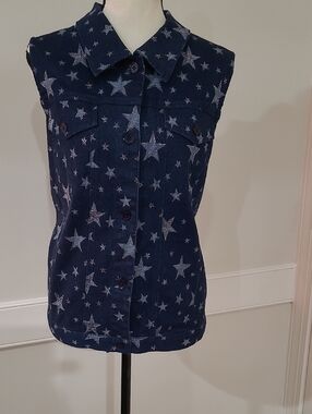 The Quarker Factory Vintage Patriotic Star-Print Button Front Denim Vest  Size L